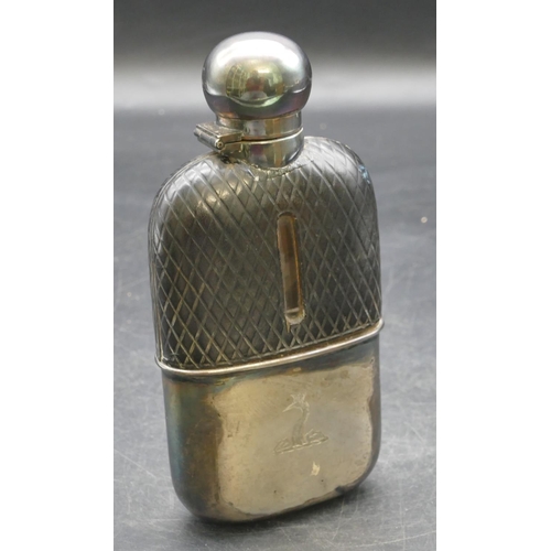 184 - A Sheffield silver and leather glass hip flask with screw lid and detachable silver base, 15cm high