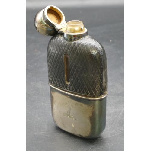 184 - A Sheffield silver and leather glass hip flask with screw lid and detachable silver base, 15cm high