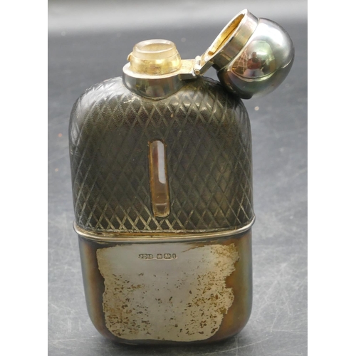 184 - A Sheffield silver and leather glass hip flask with screw lid and detachable silver base, 15cm high