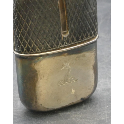 184 - A Sheffield silver and leather glass hip flask with screw lid and detachable silver base, 15cm high