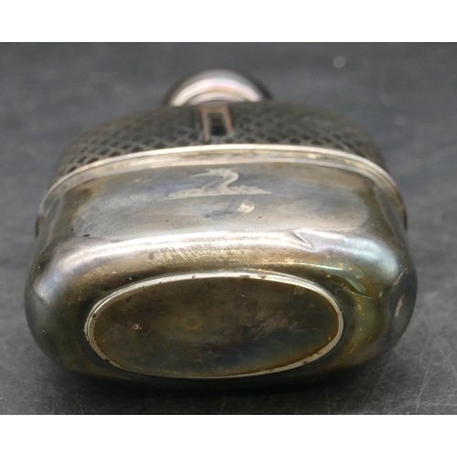 184 - A Sheffield silver and leather glass hip flask with screw lid and detachable silver base, 15cm high