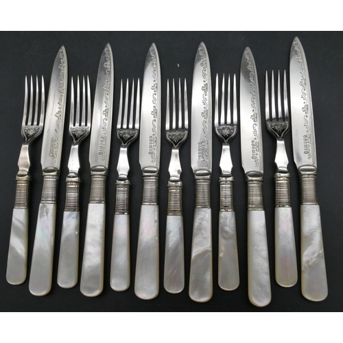 189 - A set of 6 silver plated and Mother of Pearl handled fruit knives and forks, 6 knives and 6 forks, c... 