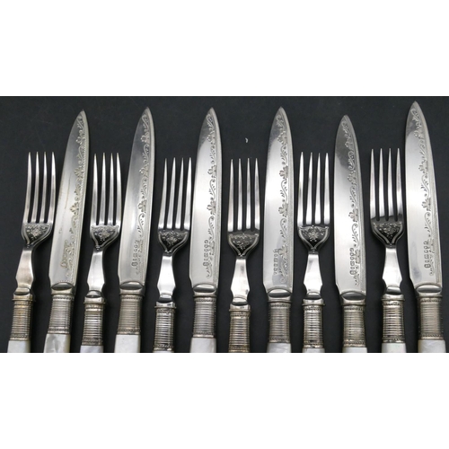 189 - A set of 6 silver plated and Mother of Pearl handled fruit knives and forks, 6 knives and 6 forks, c... 