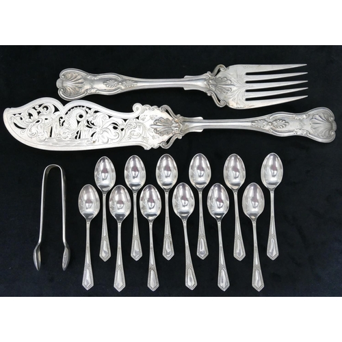 190 - A set of 6 silver plated teaspoons, 6 matching coffee spoons and a pair of matching sugar tongs, all... 