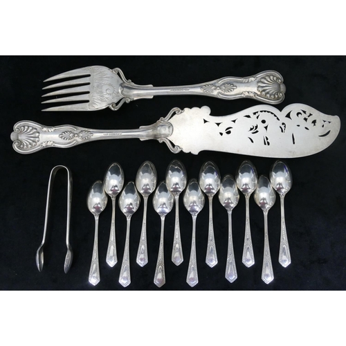 190 - A set of 6 silver plated teaspoons, 6 matching coffee spoons and a pair of matching sugar tongs, all... 