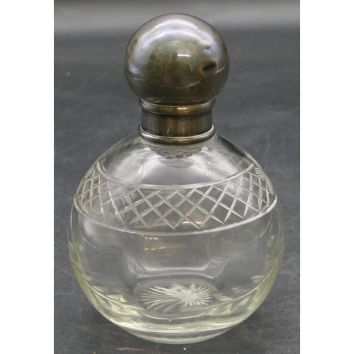 201 - A cut glass round bulbous shaped scent bottle with London silver lid enclosing inner stopper, engrav... 