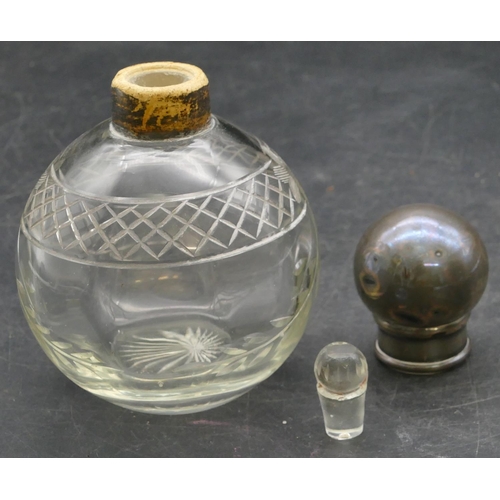 201 - A cut glass round bulbous shaped scent bottle with London silver lid enclosing inner stopper, engrav... 