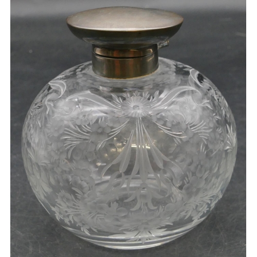 202 - A cut glass round bulbous shaped scent bottle with Chester silver hinged lid enclosing inner stopper... 