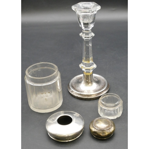 212 - A cut glass hexagonal shaped candlestick on Birmingham silver round base, 16.5cm high, a cut glass d... 