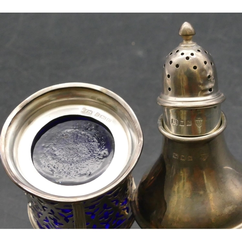 219 - A Birmingham silver round mustard pot with hinged lid, blue glass liner, also a London silver round ... 