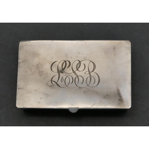 221 - A Sterling silver rectangular shaped stamp box, hinged lid with engraved monogram, 5.2cm wide, 1oz