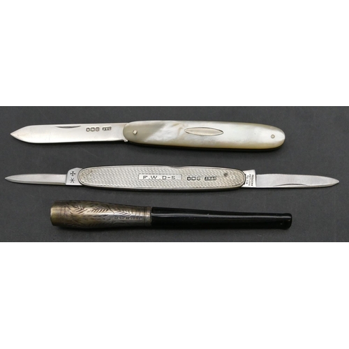 226 - A Sheffield silver and Mother of Pearl pen knife, a Sheffield silver pen knife with steel blade and ... 