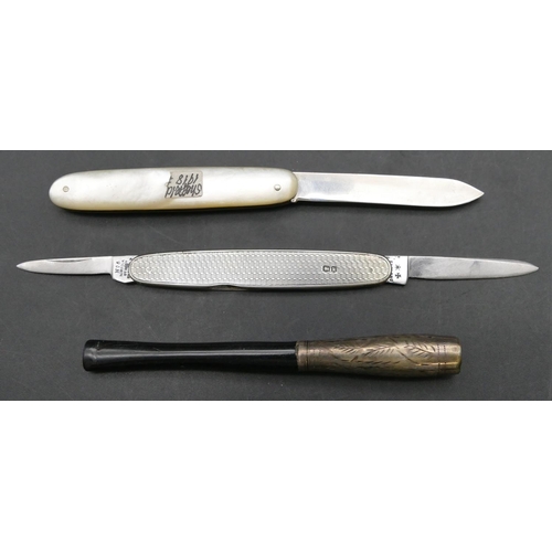 226 - A Sheffield silver and Mother of Pearl pen knife, a Sheffield silver pen knife with steel blade and ... 