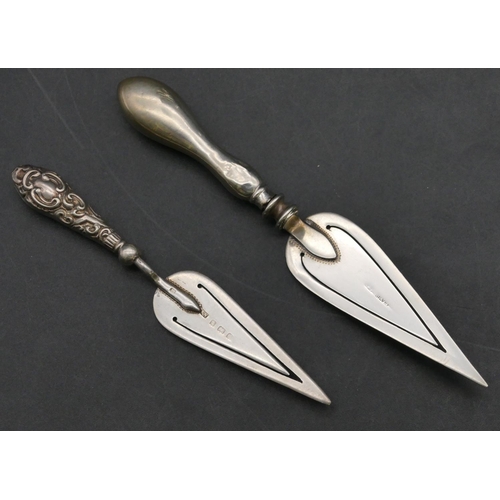 228 - A Birmingham silver bookmark in the form of a trowel with embossed handle and another silver bookmar... 