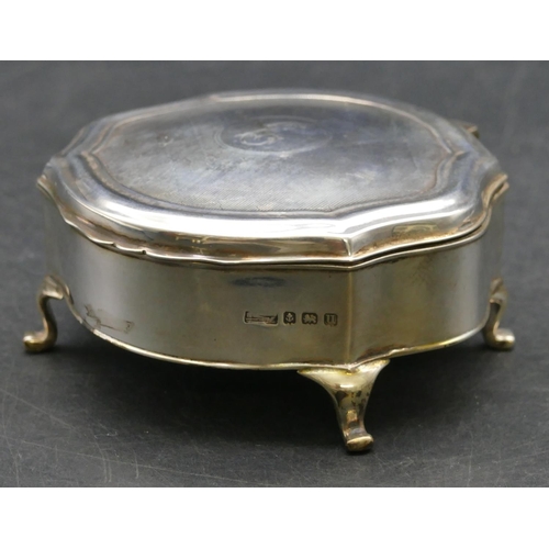 233 - A Birmingham silver scallop shaped trinket box with engine turned hinged lid enclosing blue velvet i... 