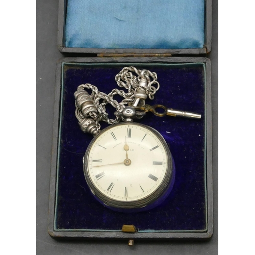 248 - Alfred Russell & Co. London silver open faced pocket watch with engraved decoration and fob (working... 