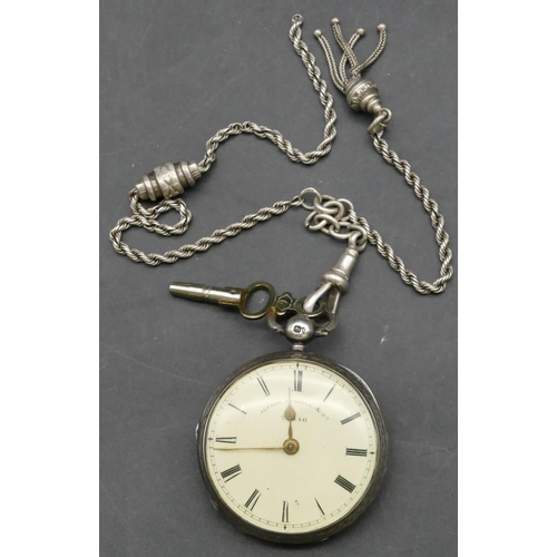 248 - Alfred Russell & Co. London silver open faced pocket watch with engraved decoration and fob (working... 