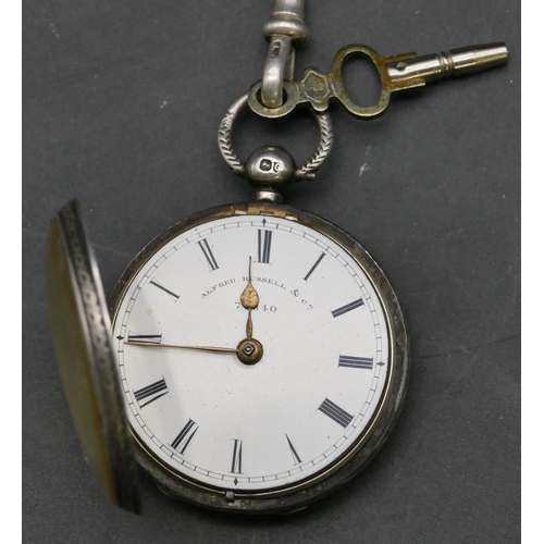 248 - Alfred Russell & Co. London silver open faced pocket watch with engraved decoration and fob (working... 