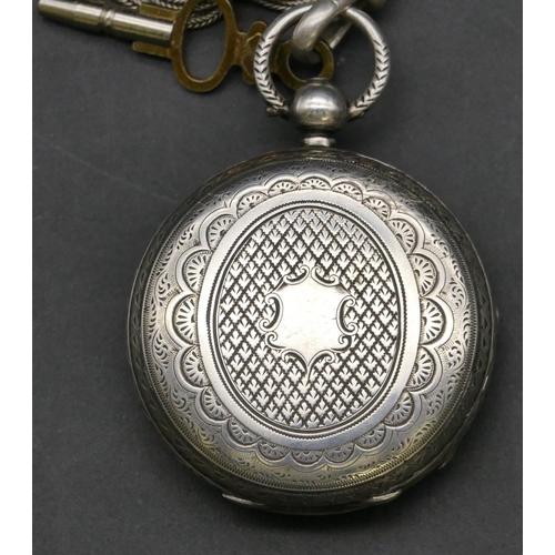 248 - Alfred Russell & Co. London silver open faced pocket watch with engraved decoration and fob (working... 