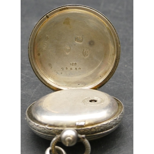 248 - Alfred Russell & Co. London silver open faced pocket watch with engraved decoration and fob (working... 