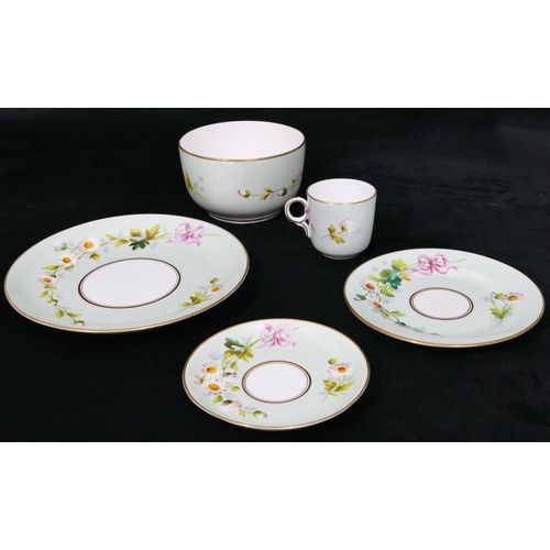 26 - A china tea service on pale green ground with multicoloured ribbon, floral and leaf decoration compr... 