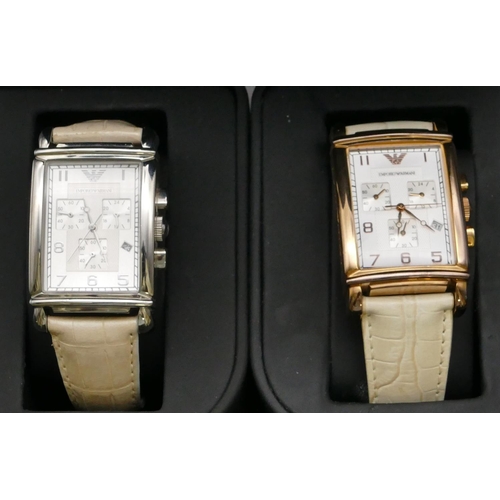 265 - 2 modern Emporio Armani stainless steel wristwatches with cream leather straps (both boxed)