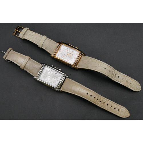 265 - 2 modern Emporio Armani stainless steel wristwatches with cream leather straps (both boxed)