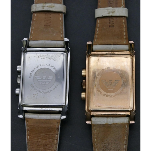 265 - 2 modern Emporio Armani stainless steel wristwatches with cream leather straps (both boxed)