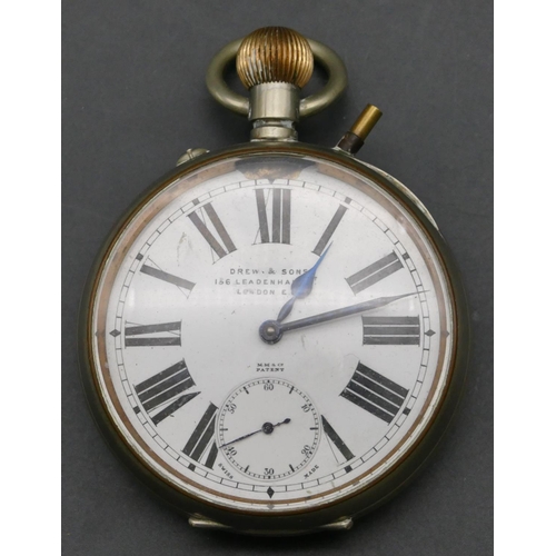 286 - M M & Co Goliath pocket watch, stamped Drew & Sons London, white enamel dial with seconds hand and R... 