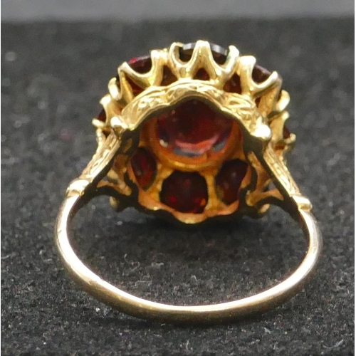 292 - A 9ct gold oval cluster ring set with centre garnet surrounded by 8 smaller garnets, Size P, 4 grams... 