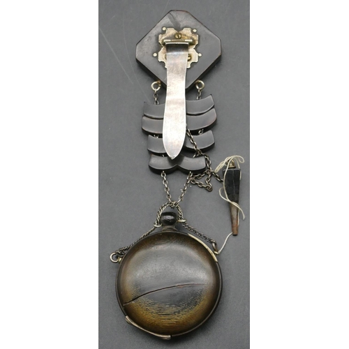 304 - A horn and silver coloured metal drop fob watch with fob, raised white enamelled Roman numerals and ... 