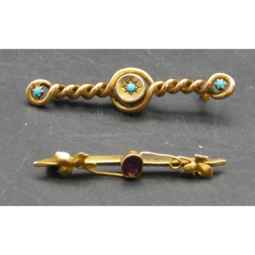 306 - A 9ct gold bar brooch mounted with turquoise, a 9ct gold bar brooch mounted with purple stone and st... 