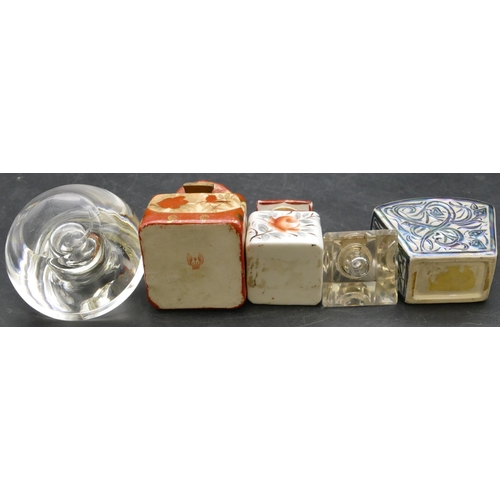 31 - 2 small square china inkwells with hinged lids and allover floral and leaf decoration, an Art Nouvea... 