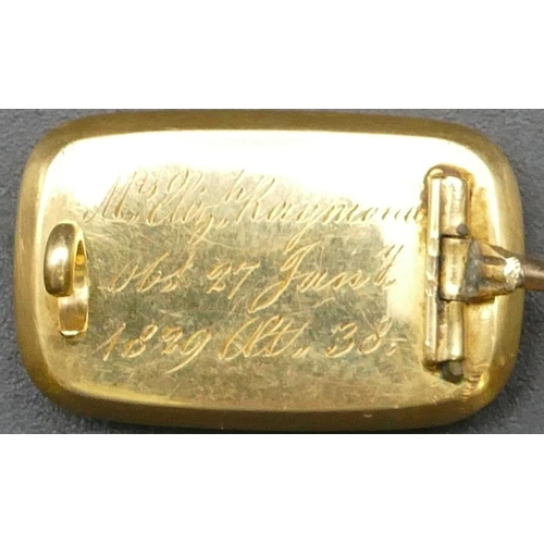 310 - A 19th Century gold mourning brooch inscribed to reverse and dated 1829, 2.2cm wide, 4.5 grams gross