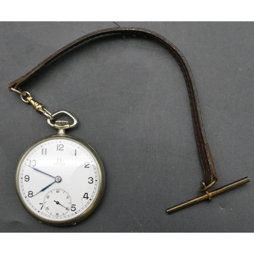 323 - An Omega steel dress pocket watch with white enamel dial, seconds dial and Arabic numerals, leather ... 