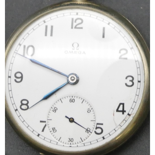 323 - An Omega steel dress pocket watch with white enamel dial, seconds dial and Arabic numerals, leather ... 