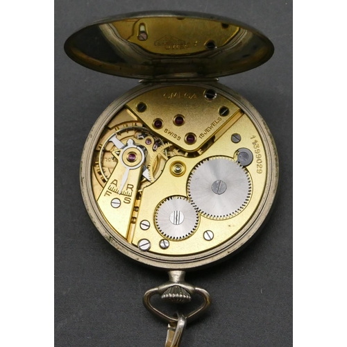 323 - An Omega steel dress pocket watch with white enamel dial, seconds dial and Arabic numerals, leather ... 