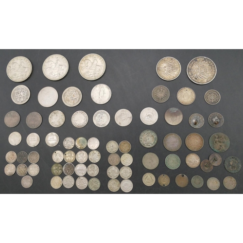 328 - 3 Crowns, 1935, a 1907 Mark, a 1911 smaller similar coin, a small quantity of various Georgian, Vict... 