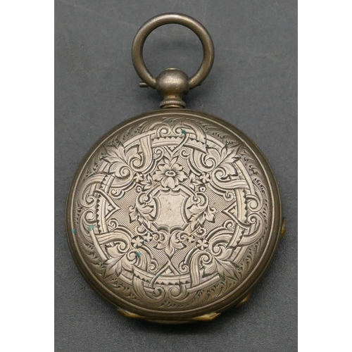 337 - L Liomin, Geneva, silver coloured metal fob watch with white enamel dial and Roman numerals