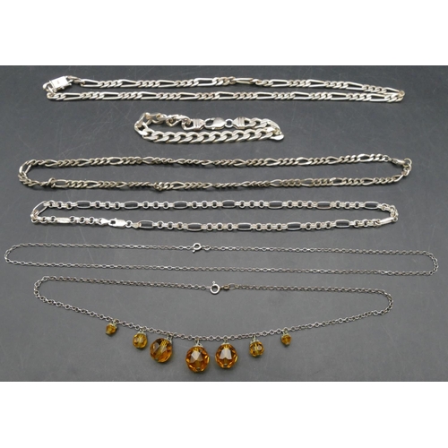 373 - 3 various silver necklaces, a silver necklace mounted with amber coloured glass drops, a small thin ... 