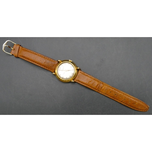 375 - Baume & Mercier, Geneva, gold plated circular wristwatch with seconds hand and leather strap