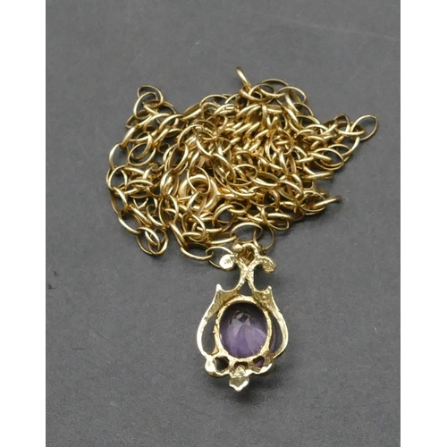 384 - An amethyst drop pendant mounted on 9ct gold chain, overall weight 4.1 grams gross