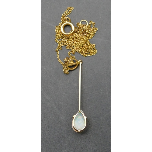 385 - A 15ct gold drop pendant set with an opal, mounted on a chain (chain a/f), 1.9 grams gross