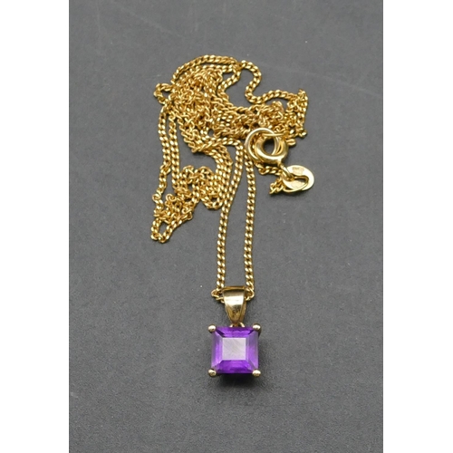 387 - A 9ct gold amethyst pendant on a 9ct gold chain, overall weight 2.6 grams gross