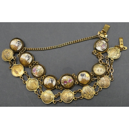 393 - An Oriental double row bracelet mounted with Satsuma circular panels and further engraved panels of ... 