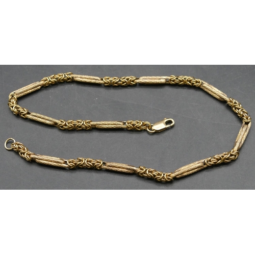 395 - A 9ct gold bar and multi linked chain, 35.5cm long, 13.5 grams