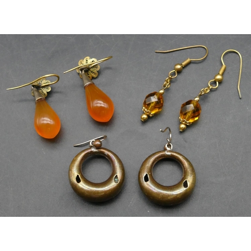 397 - A pair of drop hardstone earrings with floral bud motifs and 2 other pairs of earrings