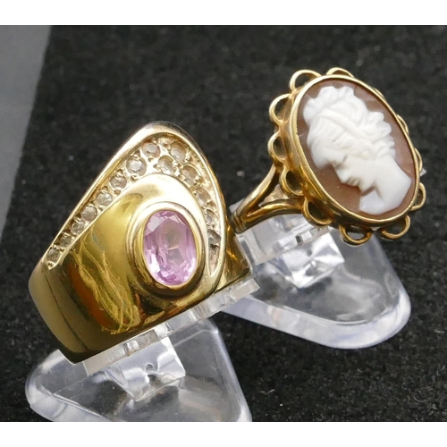 401 - A 9ct gold oval ladies' cameo ring with figurehead motif, Size L, also a 925 silver gilt ring, Size ... 