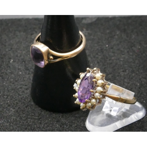 403 - A 9ct gold oval ladies' ring set with amethyst surrounded by half pearls (2 missing), Size T, also a... 