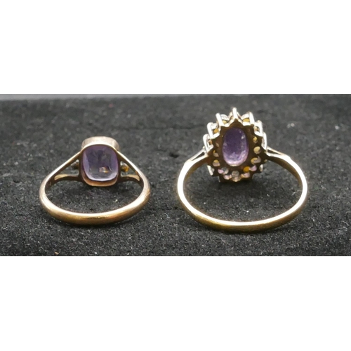 403 - A 9ct gold oval ladies' ring set with amethyst surrounded by half pearls (2 missing), Size T, also a... 